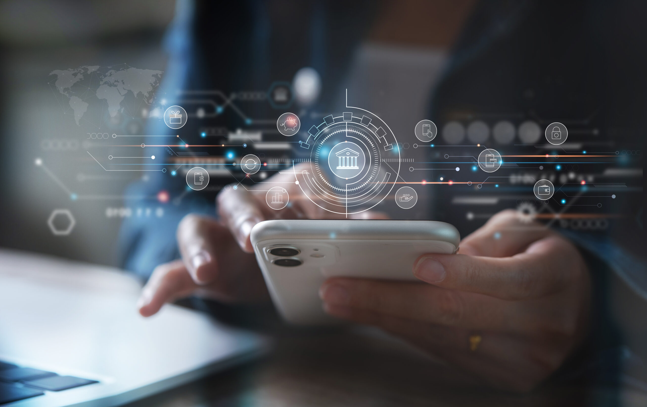 Woman using mobile online banking and payment, Digital marketing. Finance and banking networking. Online shopping and internet network connection, cyber security.